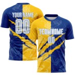 Custom Royal Yellow-Light White Scratch Jersey Blue Pattern Sublimation Soccer Graffiti Uniform Custom Royal Yellow-Light White Scratch Jersey Blue Pattern Sublimation Soccer Graffiti Uniform