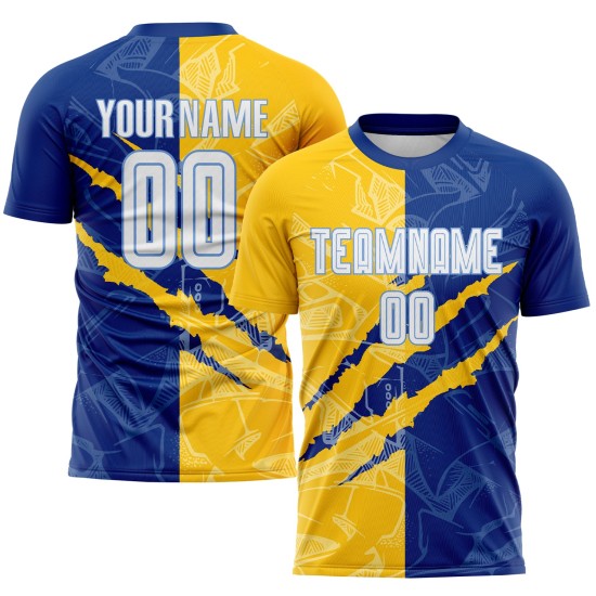 Custom Royal Yellow-Light White Scratch Jersey Blue Pattern Sublimation Soccer Graffiti Uniform Custom Royal Yellow-Light White Scratch Jersey Blue Pattern Sublimation Soccer Graffiti Uniform