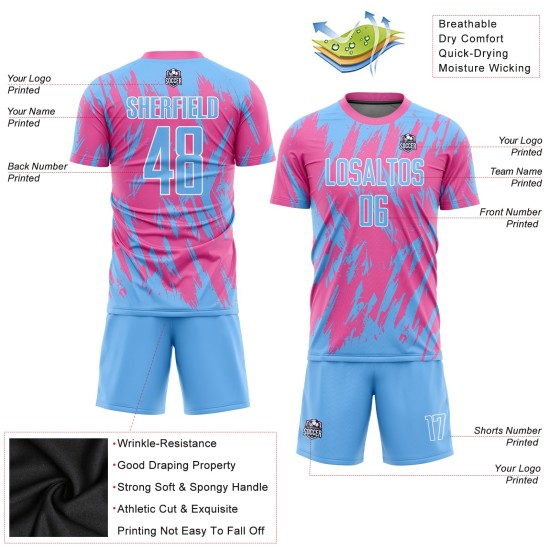 Light Custom Blue-White Soccer Jersey Uniform Pink Sublimation Light Custom Blue-White Soccer Jersey Uniform Pink Sublimation