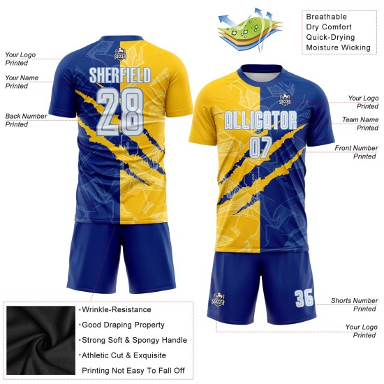 Custom Royal Yellow-Light White Scratch Jersey Blue Pattern Sublimation Soccer Graffiti Uniform Custom Royal Yellow-Light White Scratch Jersey Blue Pattern Sublimation Soccer Graffiti Uniform
