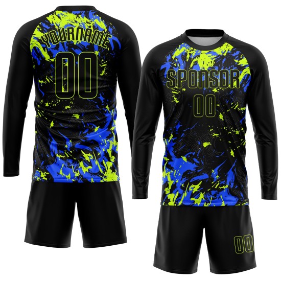 Uniform Custom Soccer Sublimation Black Black Jersey Neon Green-Royal Uniform Custom Soccer Sublimation Black Black Jersey Neon Green-Royal